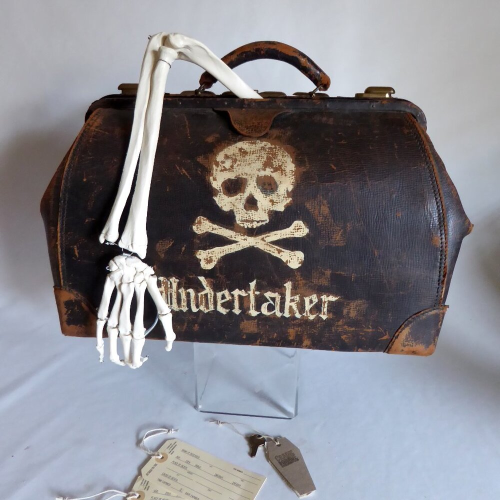 NEW HALLOWEEN GOTHIC ODDITY PROP VINTAGE UNDERTAKER MEDICAL BAG & SKELETON ARM